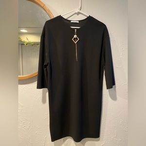 Zara Woman Black Zip Dress With Ornament Detail